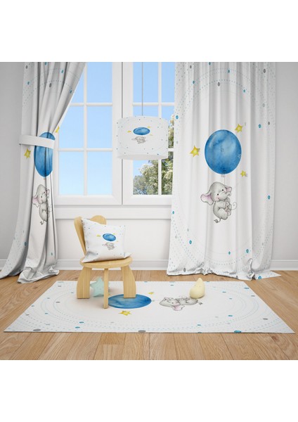 Cici Tasarım Fil ve Mavi Balon Çocuk Bebek Odası Fon Perde 1 Kanat