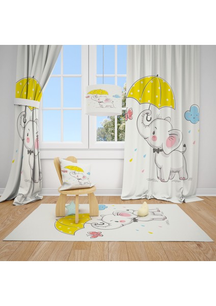 Cici Tasarım Fil ve Yağmur Çocuk Bebek Odası Fon Perde 1 Kanat