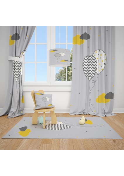Cici Odam Gri Zemin Desenli Balon ve Bulutlar Çocuk Bebek Odası Fon Perde 1 Kanat 140x270