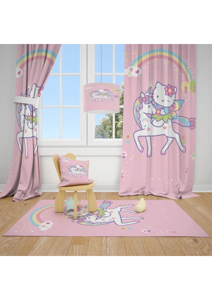 Cici Tasarım Hello Kitty Atlı Pembe Çocuk Bebek Odası Fon Perde 1 Kanat 70X270