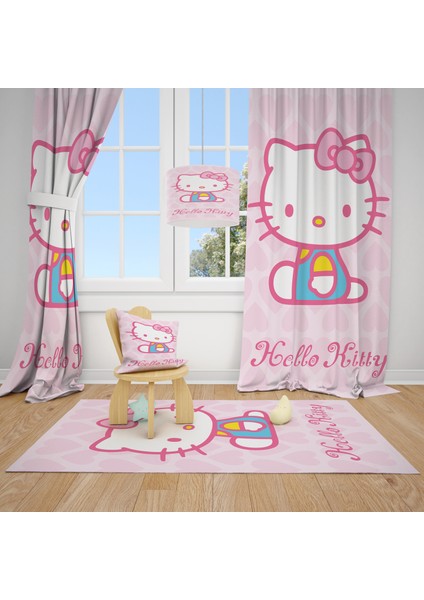 Cici Tasarım Hello Kitty Pembe Zemin Çocuk Bebek Odası Fon Perde 2 Kanat