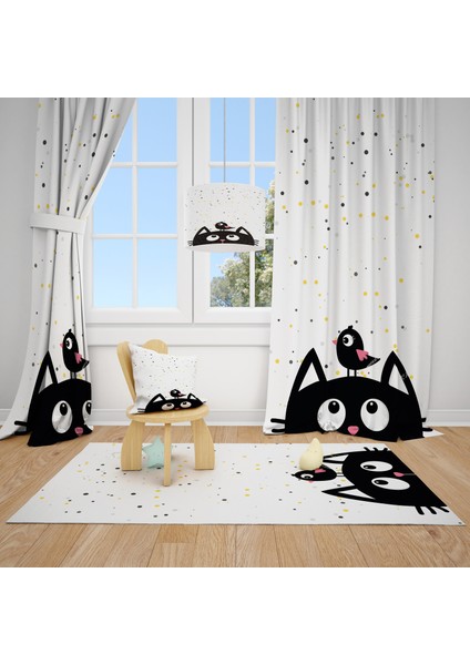 Cici Odam Noktalı Zemin ve Siyah Kedi Çocuk Bebek Odası Fon Perde 1 Kanat 70 x 270 cm
