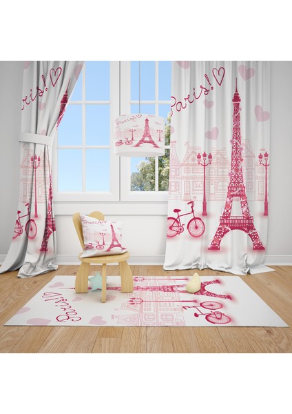 Cici Tasarım Paris Eyfel Kulesi Pembe Çocuk Bebek Odası Fon Perde 1 Kanat