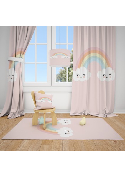 Cici Odam Sevimli Bulutlar ve Gökkuşağı Çocuk Bebek Odası Fon Perde 2 Kanat 140x200