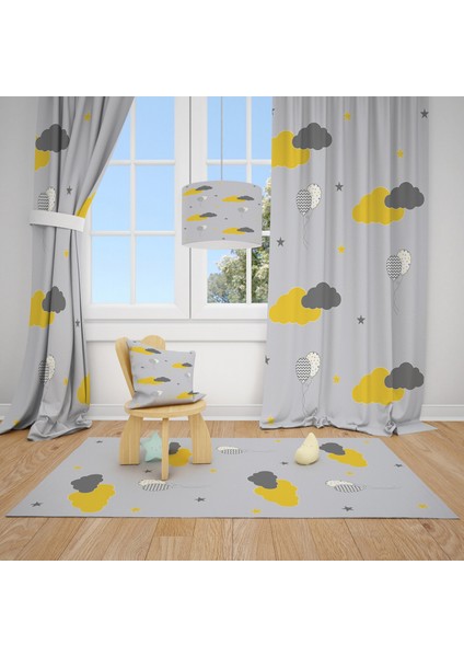 Cici Odam Uçan Balonlar ve Renkli Bulutlar Çocuk Bebek Odası Fon Perde 1 Kanat