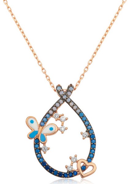 Gümüş Kalpli Ve Kelebekli Damla Kolye