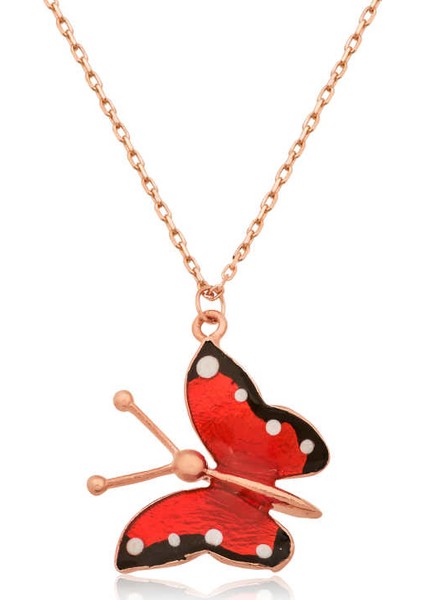 Gümüş Kırmızı Kelebek Kolye