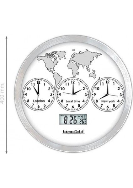 Bahat Tedarik Dünya Duvar Saati Dijital Metal Alüminyum 40 cm