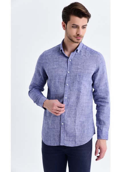 Erkek Kareli Slim Fit Lacivert Gömlek