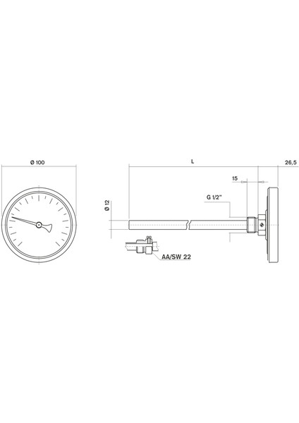 Termometre 0-120 °C Çap 100 mm Daldırma Boyu 30 cm Arkadan Bağlantılı G 1/2 inç