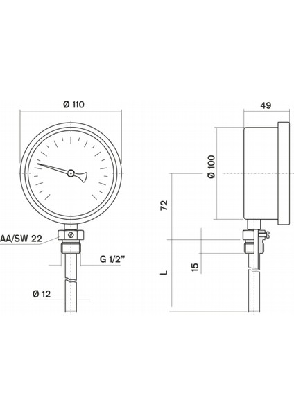 Termometre 0-300 °C Çap 100 mm Daldırma Boyu 15 cm Alttan Bağlantılı G 1/2 inç