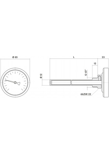 Termometre 0-500 °C Çap 63 mm Daldırma Boyu 40 cm Arkadan Bağlantılı G 1/2 inç