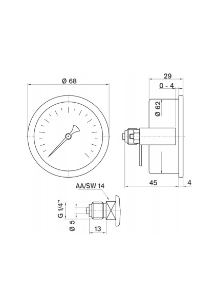 0-1 Bar 63 mm Arkadan Bağlantılı Panotipi Kuru Manometre G 1/4 inç