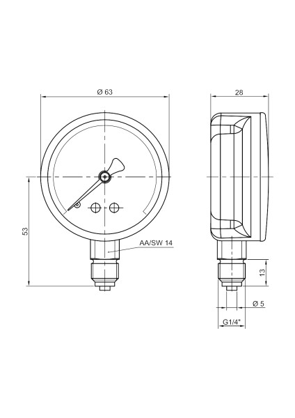 0-10 Bar 63 mm Alttan Bağlantılı Kuru Manometre G 1/4 inç