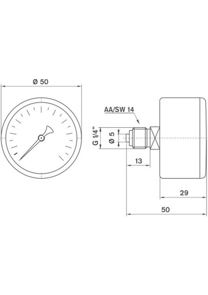 0-16 Bar 50 mm Arkadan Bağlantılı Kuru Manometre G 1/8 inç