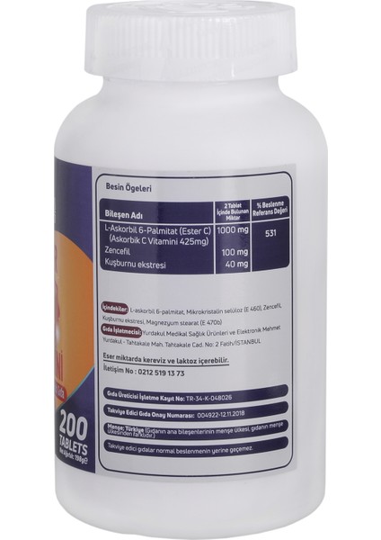 ESTER C VİTAMİNİ KUŞBURNU ZENCEFİL 1000 MG 200 TABLET fiyatları