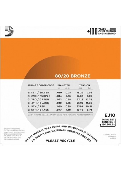 EJ10 80/20 Bronze Akustik Gitar Teli (10-47)