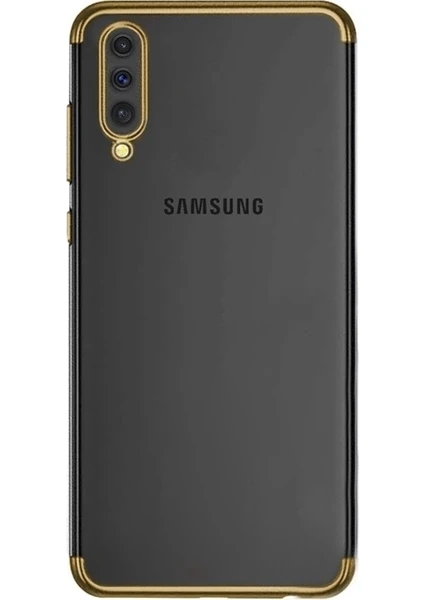 DVR Samsung Galaxy A50 Kılıf Silikon Dört Köşeli Lazer Kapak (Gold) + Cam Ekran Koruyucu