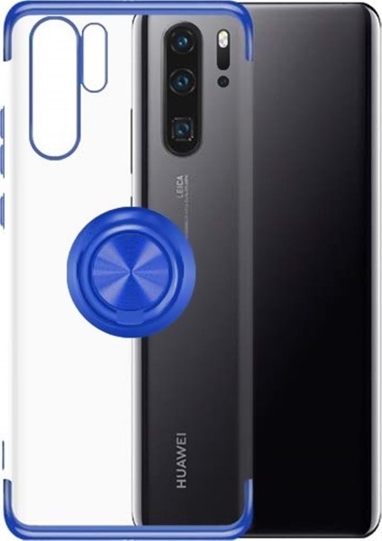 DVR Huawei P30 Pro Kılıf Silikon Dört Köşe Lazer Yüzüklü Standlı (Mavi)