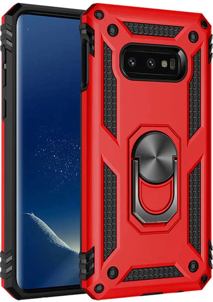 Case 4U Samsung Galaxy S10e Kılıf Çift Katmanlı Yüzüklü Manyetik Vega Kapak Kırmızı