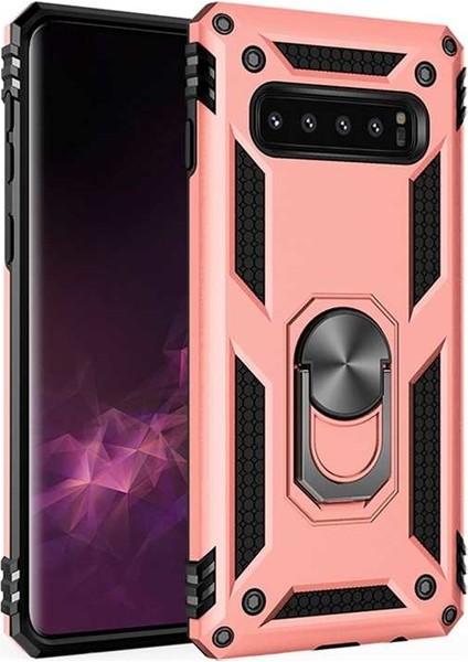 Samsung Galaxy S10 Plus Kılıf Çift Katmanlı Yüzüklü Manyetik Vega Kapak Rose Gold