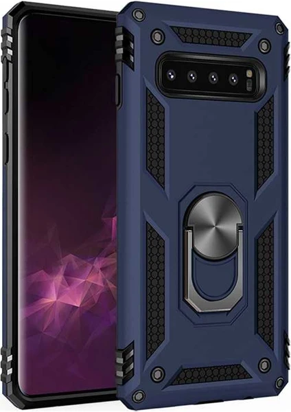 Case 4U Samsung Galaxy S10 Plus Uyumlu Kılıf Çift Katmanlı Yüzüklü Manyetik Vega Kapak Lacivert