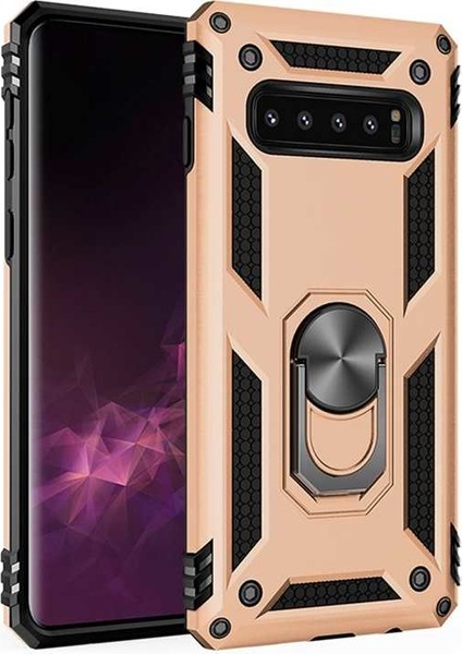 Samsung Galaxy S10 Plus Kılıf Çift Katmanlı Yüzüklü Manyetik Vega Kapak Altın