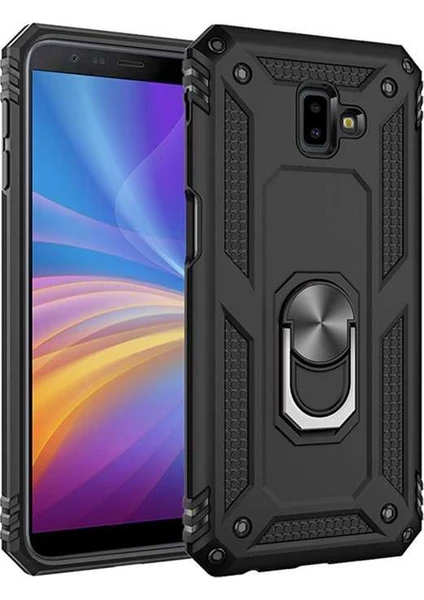 Case 4U Samsung Galaxy J6 Plus Kılıf Çift Katmanlı Yüzüklü Manyetik Vega Kapak Siyah