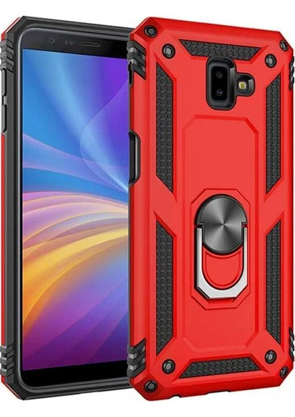 Case 4U Samsung Galaxy J6 Plus Kılıf Çift Katmanlı Yüzüklü Manyetik Vega Kapak Kırmızı