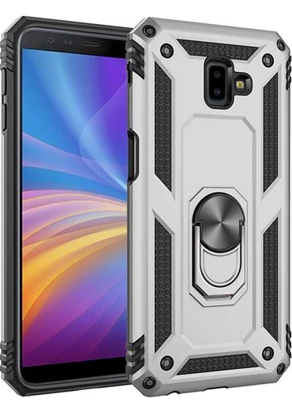 Case 4U Samsung Galaxy J6 Plus Kılıf Çift Katmanlı Yüzüklü Manyetik Vega Kapak Gümüş