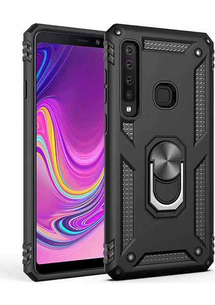 Case 4U Samsung Galaxy A9 2018 Kılıf Çift Katmanlı Yüzüklü Manyetik Vega Kapak Siyah