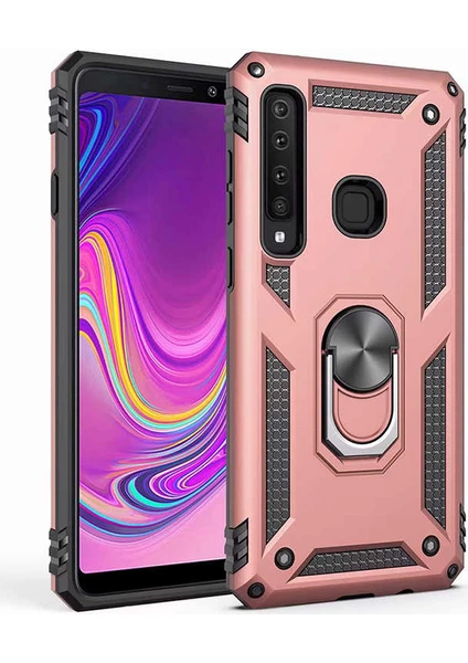 Case 4U Samsung Galaxy A9 2018 Kılıf Çift Katmanlı Yüzüklü Manyetik Vega Kapak Rose Gold