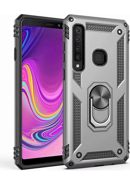 Case 4U Galaxy A9 2018 Kılıf Çift Katmanlı Yüzüklü Manyetik Vega Kapak Gümüş