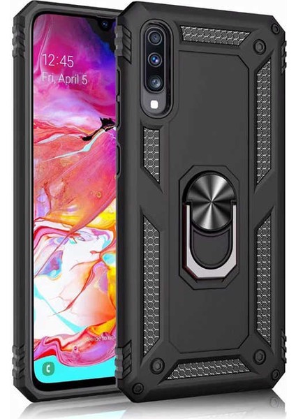 Samsung Galaxy A70 Uyumlu Kılıf Çift Katmanlı Yüzüklü Manyetik Vega Kapak Siyah