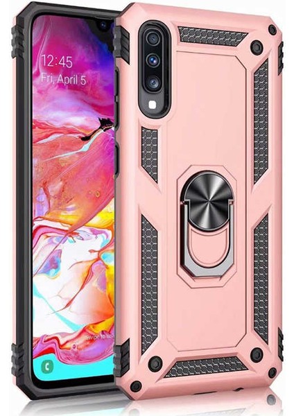 Samsung Galaxy A70 Kılıf Çift Katmanlı Yüzüklü Manyetik Vega Kapak Rose Gold