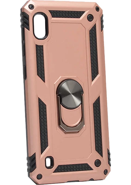 Case 4U Samsung Galaxy A10 Kılıf Çift Katmanlı Yüzüklü Manyetik Vega Kapak Rose Gold