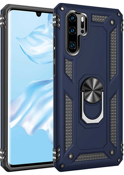 Huawei P30 Pro Kılıf Çift Katmanlı Yüzüklü Manyetik Vega Kapak Lacivert