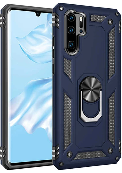 Case 4U Huawei P30 Pro Kılıf Çift Katmanlı Yüzüklü Manyetik Vega Kapak Lacivert