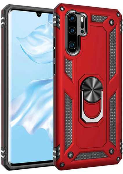 Case 4U Huawei P30 Pro Kılıf Çift Katmanlı Yüzüklü Manyetik Vega Kapak Kırmızı