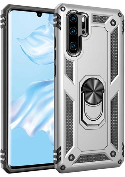 Huawei P30 Pro Kılıf Çift Katmanlı Yüzüklü Manyetik Vega Kapak Gümüş