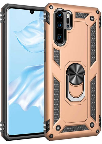 Huawei P30 Pro Kılıf Çift Katmanlı Yüzüklü Manyetik Vega Kapak Altın