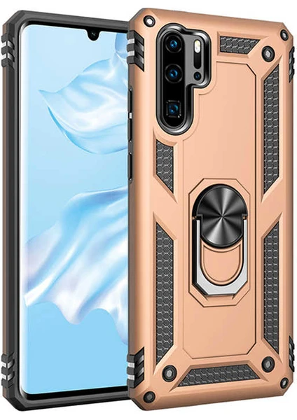 Case 4U Huawei P30 Pro Kılıf Çift Katmanlı Yüzüklü Manyetik Vega Kapak Altın