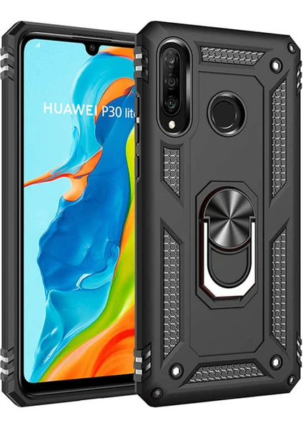 Case 4U Huawei P30 Lite Kılıf Çift Katmanlı Yüzüklü Manyetik Vega Kapak Siyah