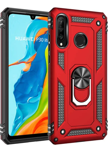 Case 4U Huawei P30 Lite Kılıf Çift Katmanlı Yüzüklü Manyetik Vega Kapak Kırmızı