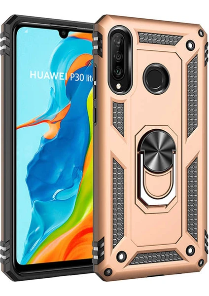 Case 4U Huawei P30 Lite Kılıf Çift Katmanlı Yüzüklü Manyetik Vega Kapak Altın