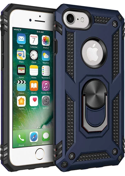 Case 4U Apple iPhone SE 2022 / SE 2020 / iPhone 8 / iPhone 7 Kılıf Çift Katmanlı Yüzüklü Manyetik Vega Kapak Lacivert