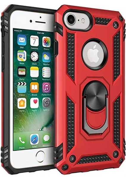 Case 4U Apple iPhone SE 2022 / SE 2020 / iPhone 8 / iPhone 7 Kılıf Çift Katmanlı Yüzüklü Manyetik Vega Kapak Kırmızı