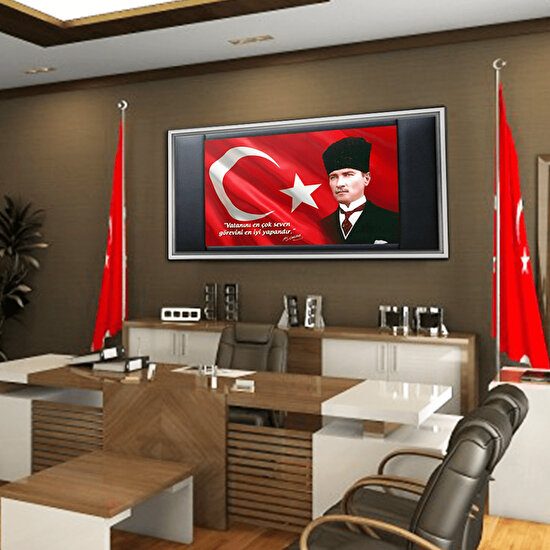 Dekorme Beyaz Çerçeveli̇ Atatürk Bayrak Makam Odasi Kanvas Tablo