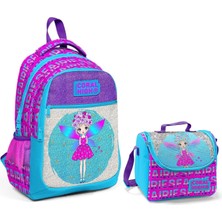 Coral High Mavi Kız Peri Baskılı Simli ve Parlak Okul Çantası ve Beslenme Seti