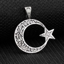 Takı925  Kelimei Tevhid Yazılı Büyük Boy Ay Yıldız Tasarımlı 925 Ayar Gümüş Kolye Ucu
